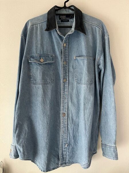 送料込!Ralph Lauren ラルフローレン Polo メンズM size 100%cotton デニム長袖シャツ used 美品
