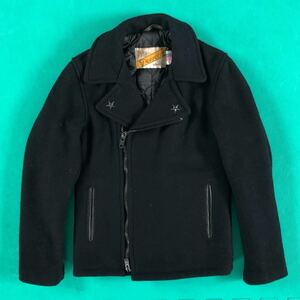 米国製 Schott メルトン ダブル ライダース ジャケット Sサイズ ネイビー USED ショット ウール 紺 Pコート アメカジ 古着 made in USA