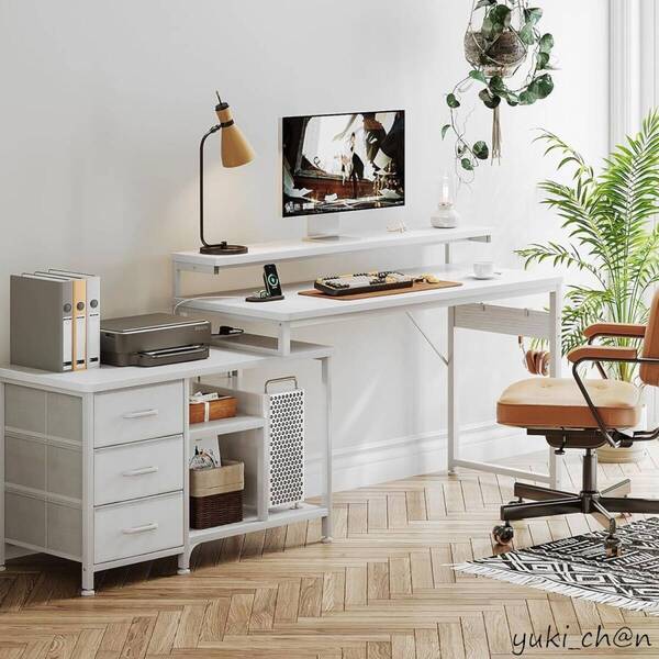 PCデスク l字デスク コーナーデスク ゲーミングデスク 幅153x100 ホワイト コンセント付 棚付き 在宅勤務 引き出し付