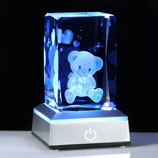 3Dクリスタル くま2 LEDライトベース USB充電 レーザー彫り アート 置物 オブジェ 照明 クリア ガラス 透明 プレゼント