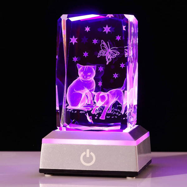 3Dクリスタル 猫2 LEDライトベース USB充電 レーザー彫り アート 置物 オブジェ 照明 クリア ガラス 透明 プレゼント