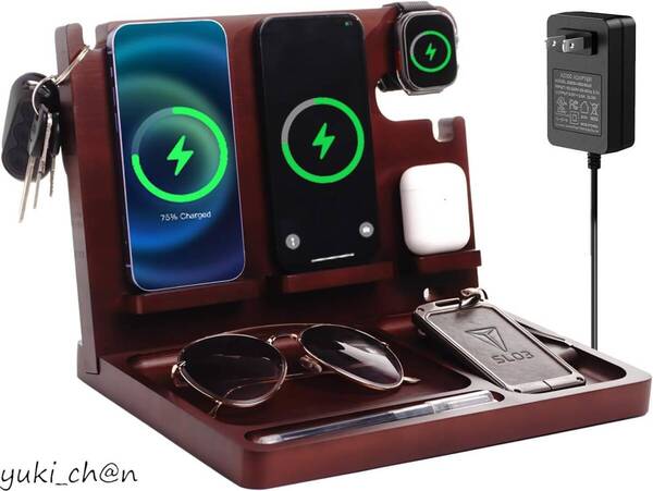 ワイヤレス充電スタンド ブラウン 3in1 木製 27W 同時充電 アップルウォッチ充電器 文房具 電話ホルダーを 小物収納 ホリデーギフト