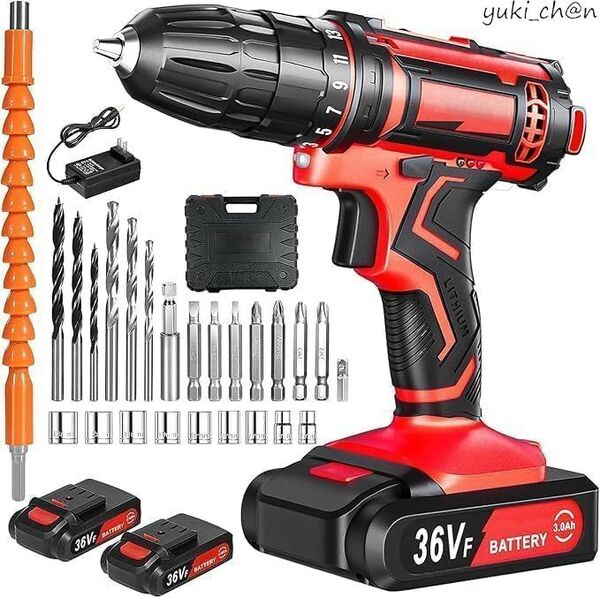 電動ドリル 36V 3.0Ah大容量バッテリー2個付き 25+1段階トルク調節 最大42N.m スピード調節機能 正逆転切替
