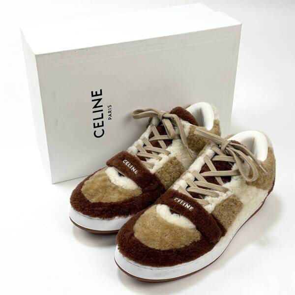 極美品 CELINE by Hedi Slimane CT-02 ベルクロストラップ ミッドスニーカー / シアリング 350883735C.19ED 39 ロゴ ボア ムートン SSM4992