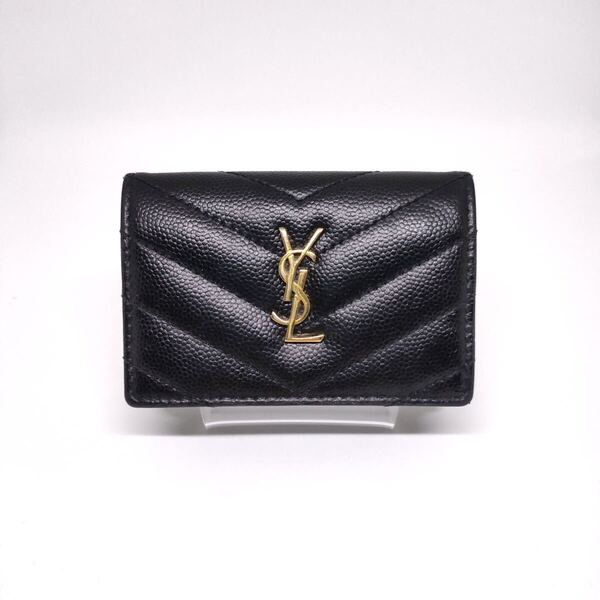 SAINT LAURENT YSL サンローラン Vステッチ コンパクト ウォレット ミニ 財布 レザー ブラック マトラッセ キャビアスキン 三つ折り財布