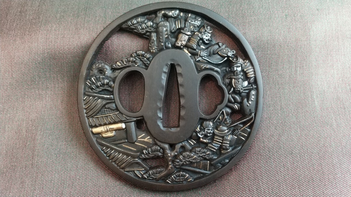 04☆武具 刀装具 刀 脇差 透かし 銅鍔 鏡師 江戸末期 箱付☆