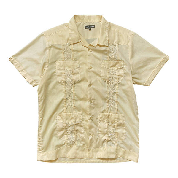 USA 古着 90S Alberto Cardinali ヴィンテージ 刺繍 キューバシャツ グアヤベラシャツ 半袖シャツ イエローベージュ系 メンズM BF2351