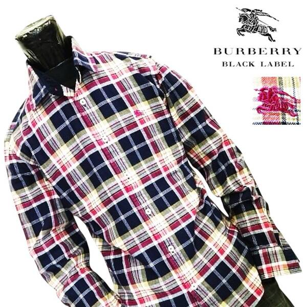 美品 バーバリーブラックレーベル ホース刺繍 ノバチェック柄 ヘリンボーン生地 ロールアップ 2WAY 長袖 シャツ 2/M BURBERRY BLACK LABEL
