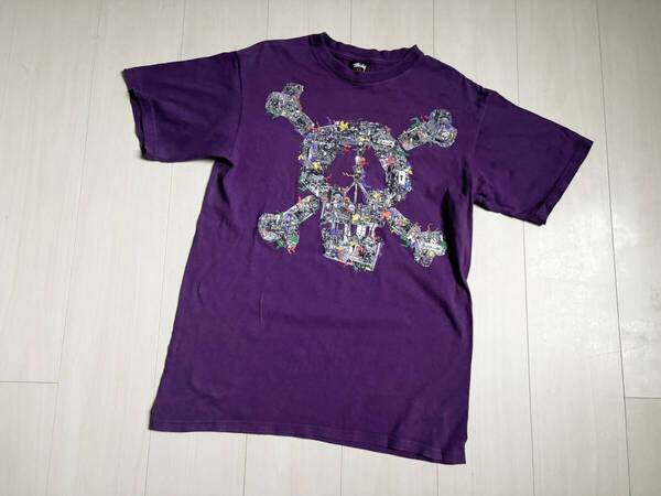メキシコ製 STUSSY ステューシー Tシャツ カットソー スカル ドクロ メカ 金属 プリント M 紫 パープル ▼03117