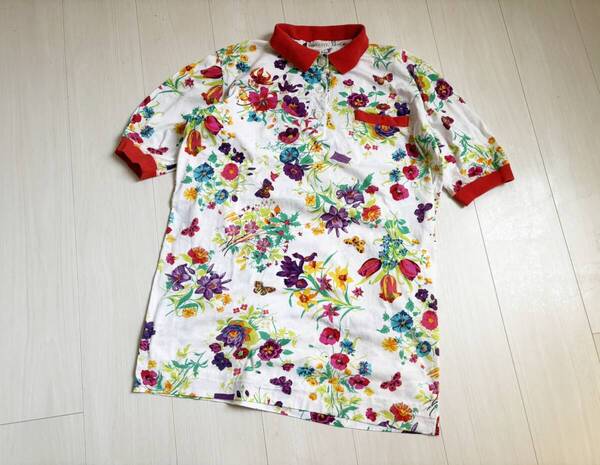 VINTAGE ビンテージ 80’S 90’S GUCCI グッチ ポロシャツ フローラル フラワー 花柄 総柄 M マルチカラー コットン 半袖 ▼0306