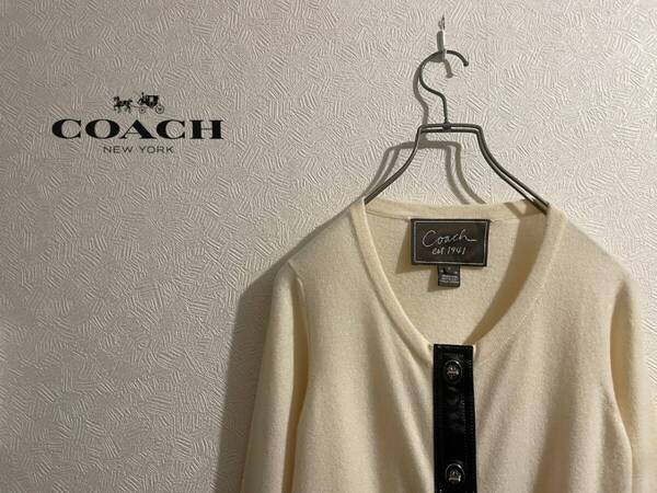 ◯ イタリア製 COACH レザー プラケット カシミア カーディガン / コーチ ニット パテント ラウンドネック アイボリー S Ladies #Sirchive