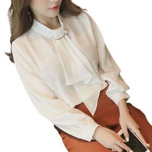人気 ボウタイ ブラウス ホワイト Mサイズ フォンブラウス シンプル かわいい パール 上品 ふんわり 長袖 通勤 OL 通学 無地 シャツ