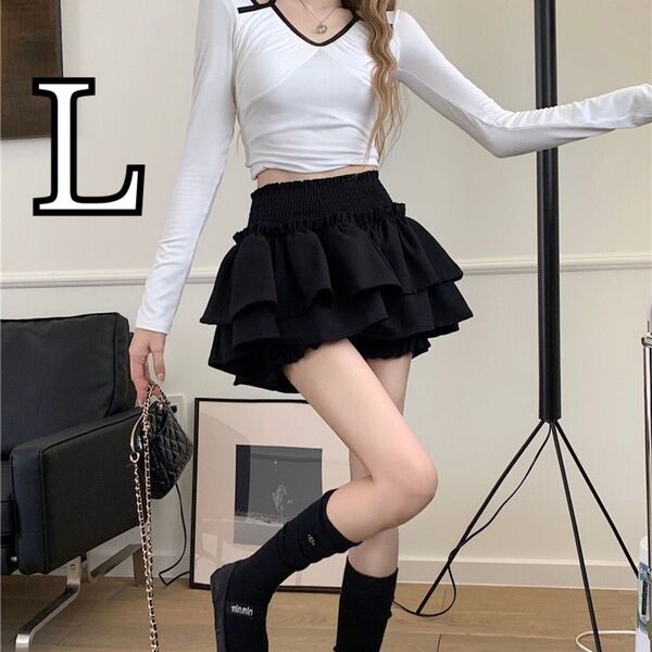 フリル L ミニスカート ガーリー ブラック 黒 インパン付き パーティ イベント 普段着 ミニ丈 ゴム フレア 美脚 ガーリー