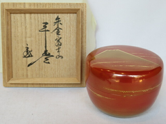 茶道具 平安 千穂造 四季草花蒔絵 平棗 共箱 漆芸 黒塗 木製【MA257】 塗師 千穂造 女郎花に鵲蒔絵 尻張棗 井伊大老好 カササギ