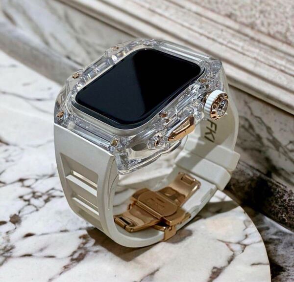 ultra49mm用 高級☆AppleWatch アップルウォッチバンド ラバーベルトカバー クリアローズホワイトストーン