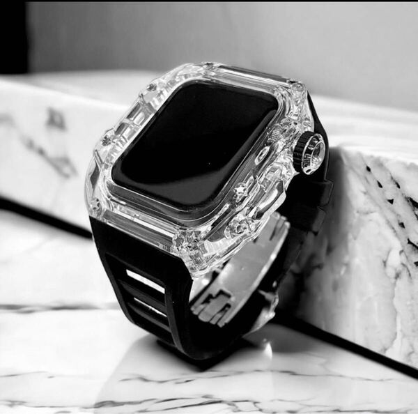 ultra49mm用 高級☆AppleWatch アップルウォッチバンド ラバーベルトカバー クリスタルブラック