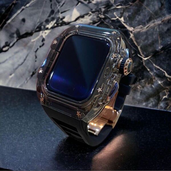 ultra49mm用 高級☆AppleWatch アップルウォッチバンド ラバーベルトカバー ブラックローズゴールド