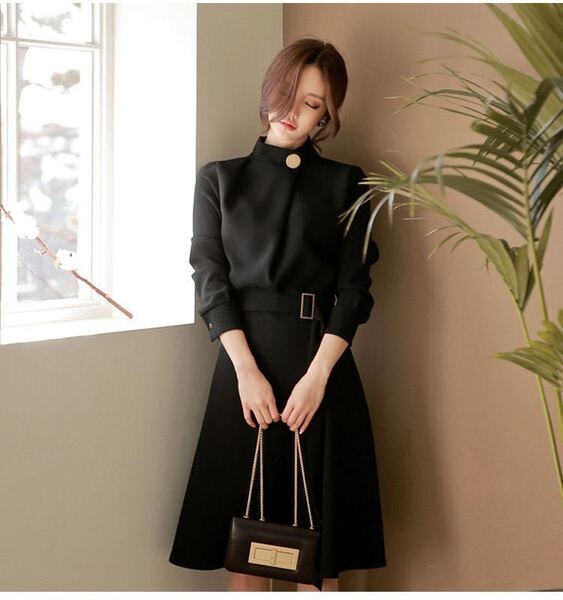 レディース フォーマルドレス ワンピース パーティー 長袖 結婚式 二次会 入学式 卒業式 同窓会 上品 韓国 ブラック S