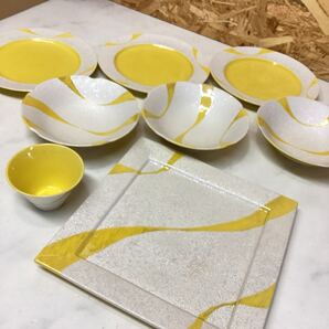 黄釉流水ラスター スクエアプレート サラダボール オシャレ テーブルウェア お皿セット (G15