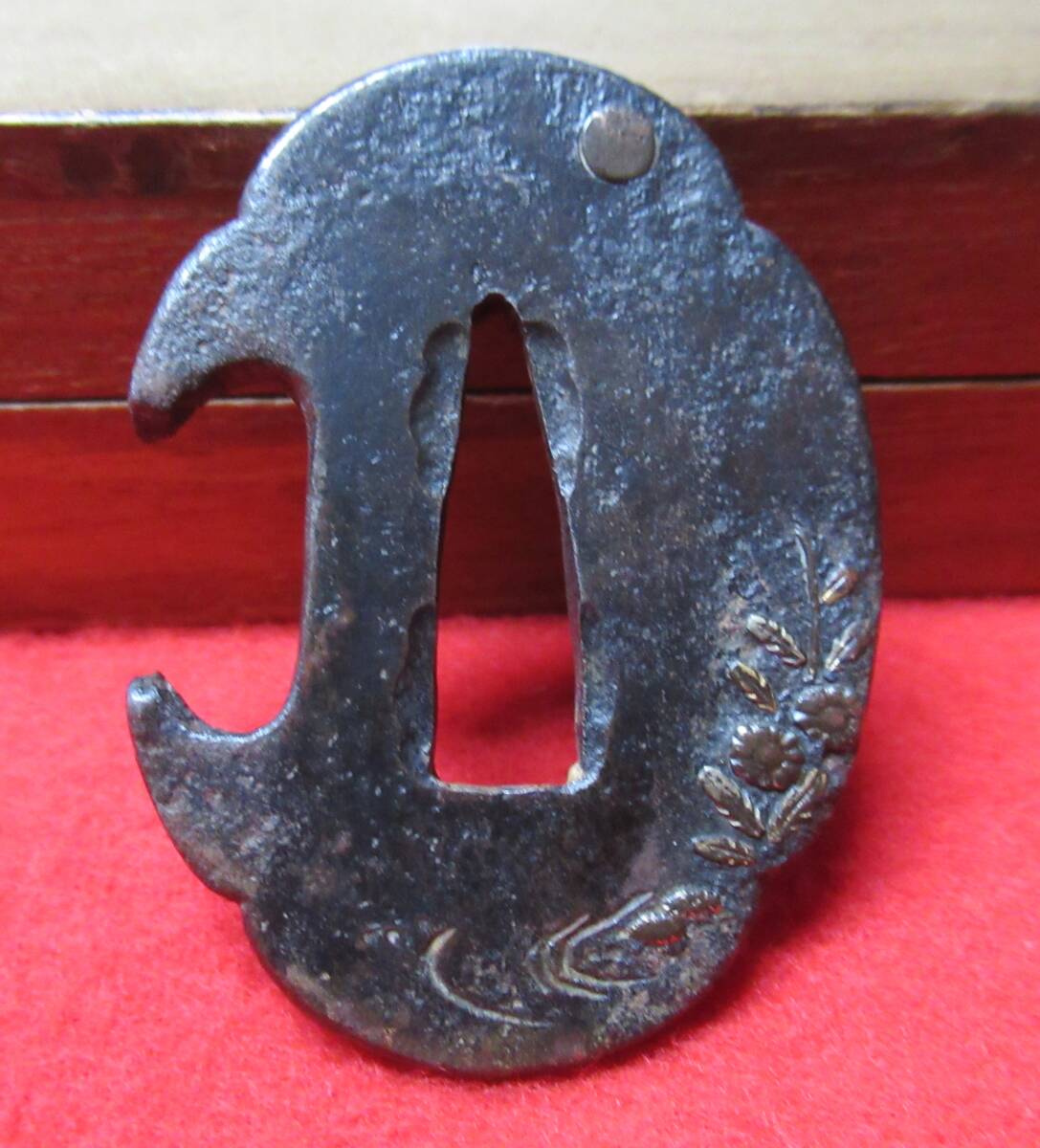 03☆武具 刀装具 刀 脇差 鉄鍔 木瓜型 釣り人笠金象嵌 箱付