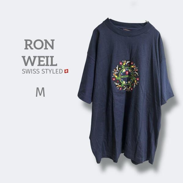 RON WEIL【M】花柄刺繍Tシャツ ネイビー オーバーサイズ 洗える