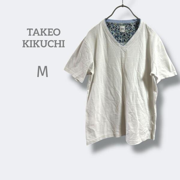 2880タケオキクチ【M】Vネック Tシャツ ストライプ ネック裏地花柄