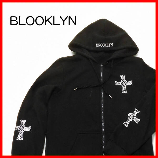 BROOKLYN パーカー L 黒×白 十字架デザイン USストリート系 人気