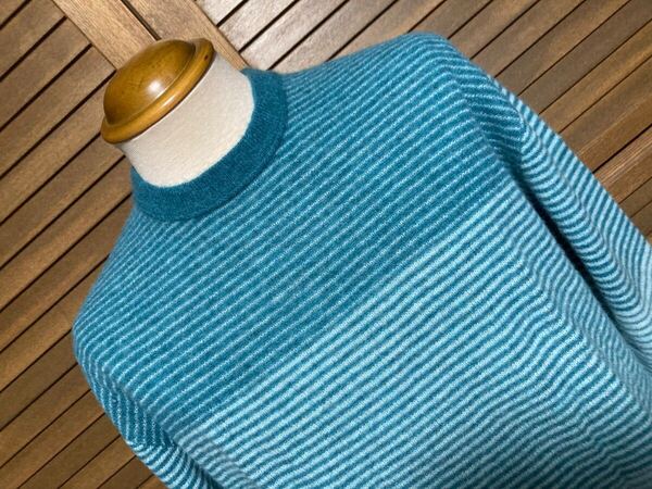 新品 サイドスロープ(日) カシミア100% クルーネックニット サイズ【1】グリーンマルチボーダー 日本製 定価3.7万円