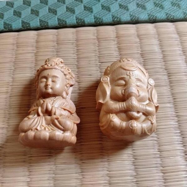 観音菩薩 ガネーシャ 木彫り置物 仏像 可愛い 小さい お守り 仏教 2個セット
