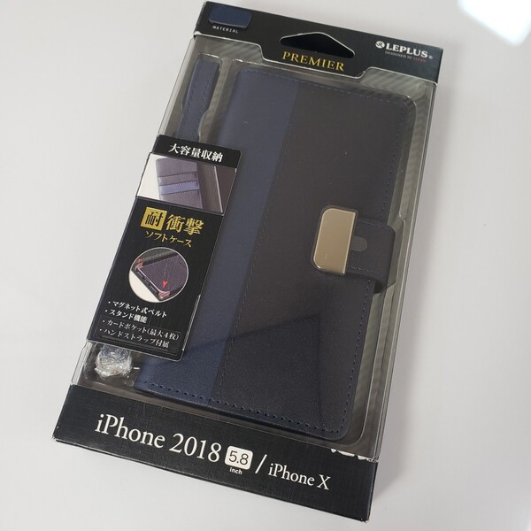 iPhone X XS 手帳型ケース ネイビー ハンドストラップ付属 1644