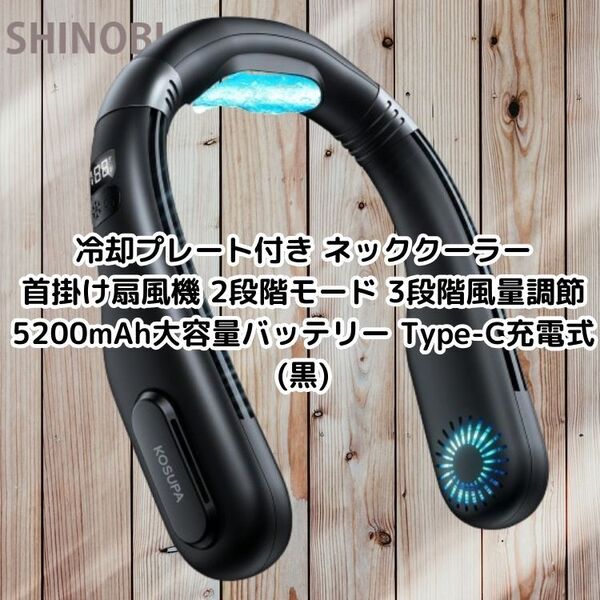 冷却プレート付き ネッククーラー 首掛け扇風機 2段階モード 3段階風量調節 5200mAh大容量バッテリー Type-C充電式 (黒)
