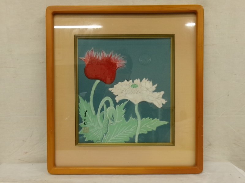 日本画 古橋矢須秀 作 【青芥子】画家／額装／岡山県倉敷市出身 日本画 古橋矢須秀 作 【青芥子】画家／額装／岡山県倉敷市出身