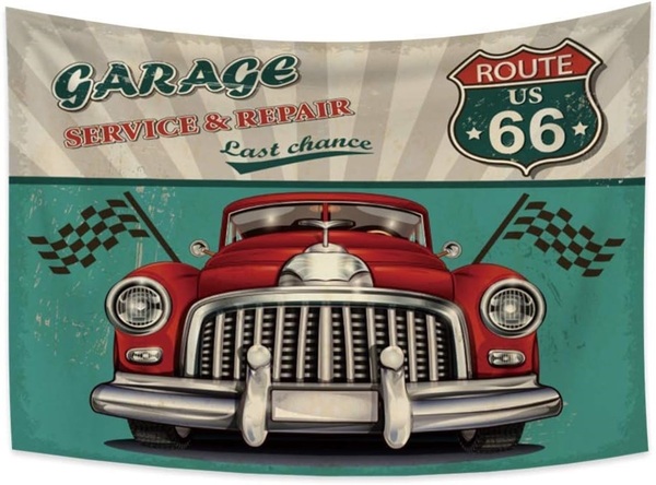 新品 Route66 ビッグ タペストリー ガレージ アメリカン 壁掛け 大判 布ポスター おしゃれ 背景布 模様替え 引っ越し 目隠し 150×100cm