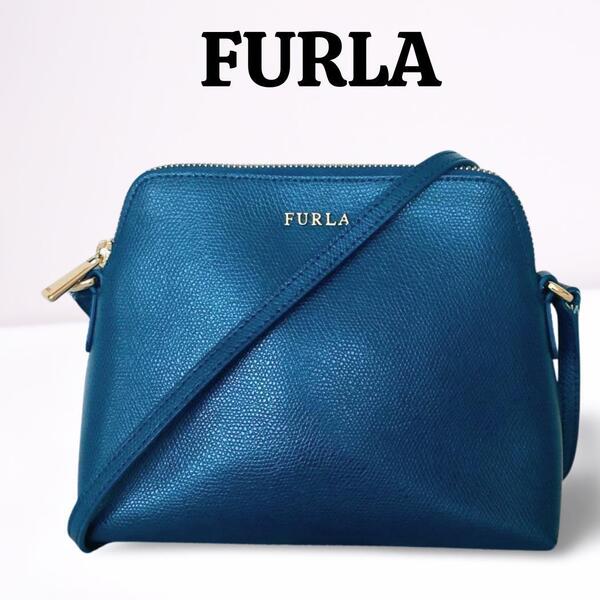 FURLA ネイビー レザー ショルダーバッグ Boheme ボエム