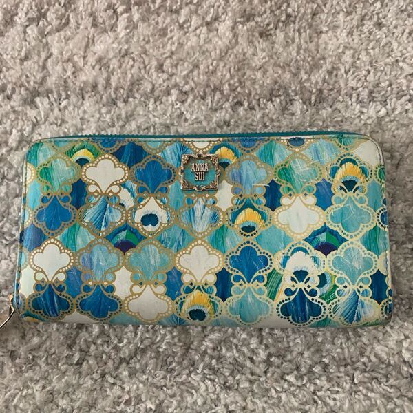 レア ANNA SUI アナスイ 長財布 チャック ピーコック ブルー 青