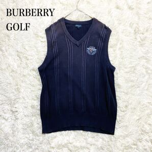送料無料☆ BURBERRY GOLF バーバリーゴルフ 天竺ニット ゴルフウェア ベスト ノバチェックワッペン ニットベスト ネイビー系 羽織り M