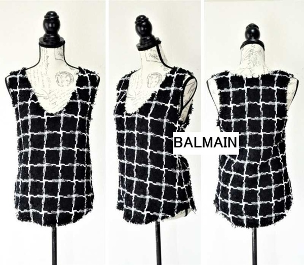 美品【BALMAIN|バルマン】WHITE&BLACK WINDOWPANE CHECK BOUCLE TWEED SLEEVELESS TOP チェック ブークレ ツイードノースリーブ 36 即決