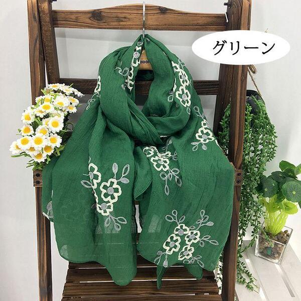 レディース 春夏 薄地 綿 刺繍 花柄 大判 ストール ショール グリーン aa44
