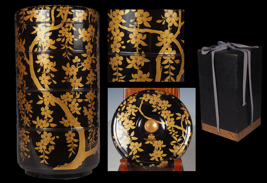 当時物 漆塗り 沈金 金蒔絵 天然木 4段重箱