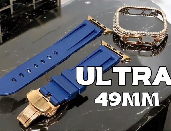 Ultra 49mm アップルウォッチ ケースキラキラ カスタム カバー Apple Watch ウルトラ ウルトラ2 メンズ レディース ネイビーローズ