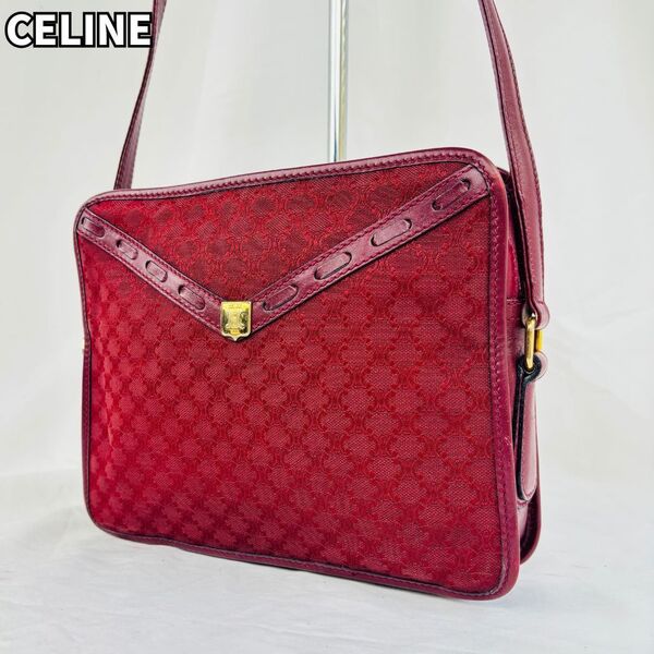気品漂うクラシック★ CELINE オールドセリーヌ ショルダーバッグ トリオンフエンブレム 上質ジャガード マカダム柄 ゴールド ボルドー