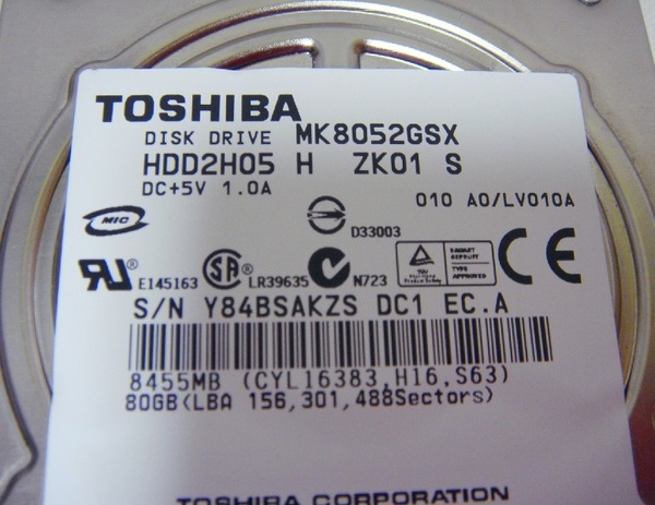 送料無料!美品 動作良好消毒済み●TOSHIBA 東芝 MK8052GSX 2.5インチ 80GB●PS3 CECHL0080GB 取出品④