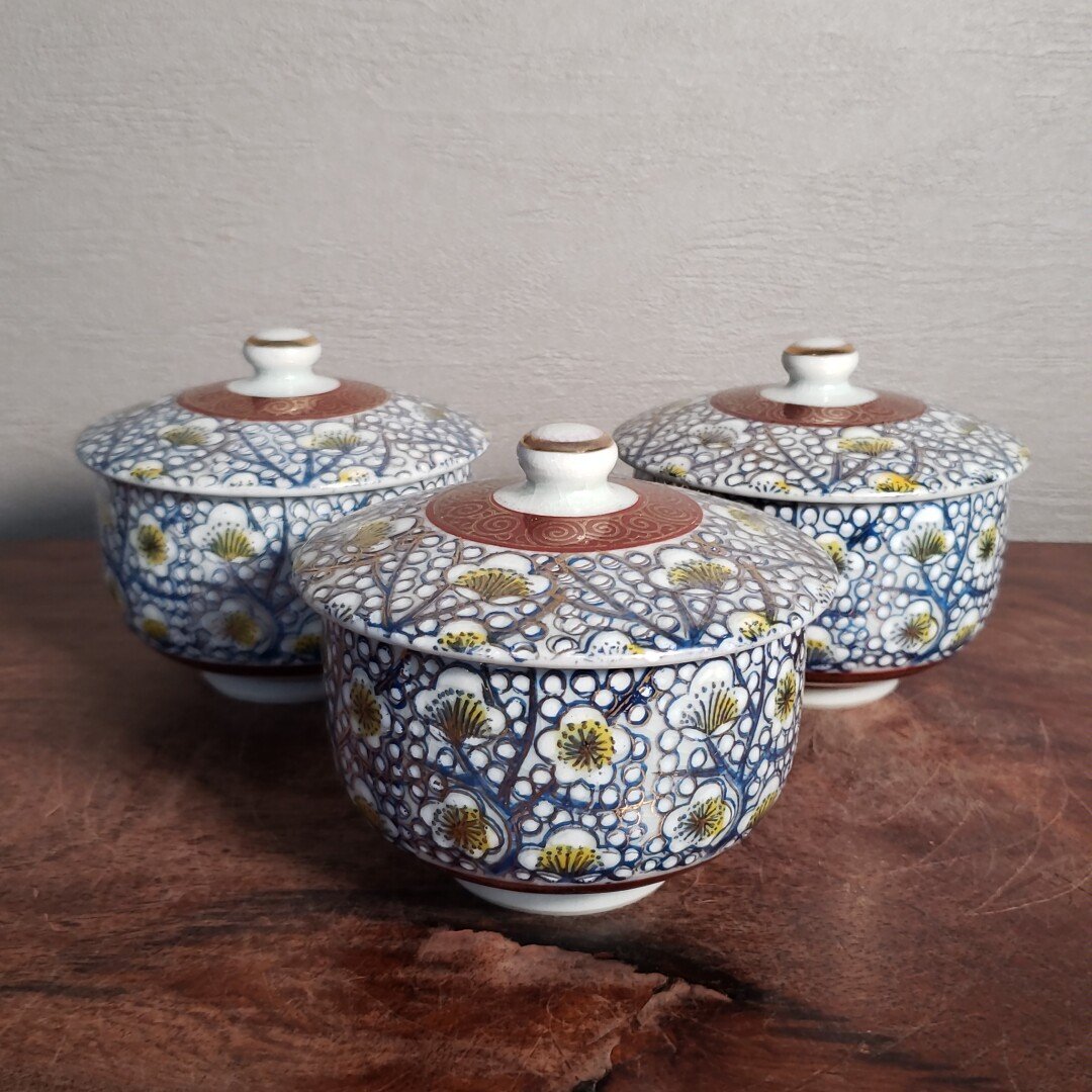 煎茶器　揃　松竹梅　九谷焼　染付 　煎茶道具　未使用　湯冷まし　茶杯 九谷焼煎茶セット 急須 湯冷まし 煎茶茶碗3客セット 煎茶道具