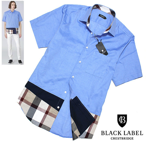 送料無料!定価2.4万 新品 M/2(L/3の方も着用可)ブラックレーベル クレストブリッジ 切換えCBチェック 半袖シャツBLACK LABEL CRESTBRIDGE