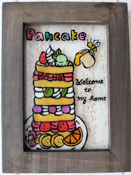 送料込!ステンドグラス風 パンケーキ おうちカフェ グラスアート インテリア雑貨 イラスト welcome ハンドメイド