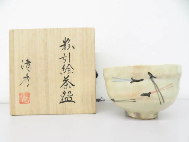 《京都一輝堂》【茶道具】 茶碗 清秀造 粉引絵茶碗 共箱入り r7d03-3