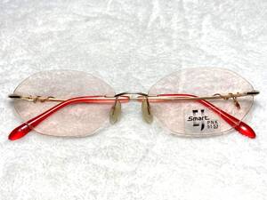 デッドストック 日本製 HOYA EJ リムレス チタン 眼鏡 SJ23 53 ゴールド 赤 装飾 未使用 ツーポイント 縁なし レディース メタル フレーム