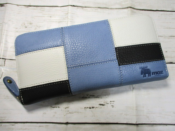 新品 財布 レディース 長財布 ラウンド moz モズ ブランド 本革 牛革 パッチワーク ブルー