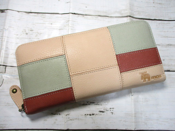 新品 財布 レディース 長財布 ラウンド moz モズ ブランド 本革 牛革 パッチワーク ピンク
