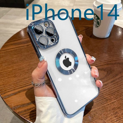 iPhone14 クリアケース レンズカバー付き メッキ加工 シンプル おしゃれ ブルー